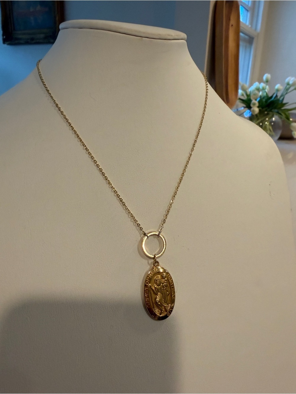Gold Plated Saint Christopher Religious Medallion Pendant Necklace - Gold